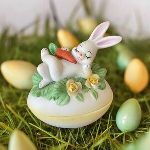 Adorable vintage Lefton China bunny on egg trinket box / votive holder. Ex cond